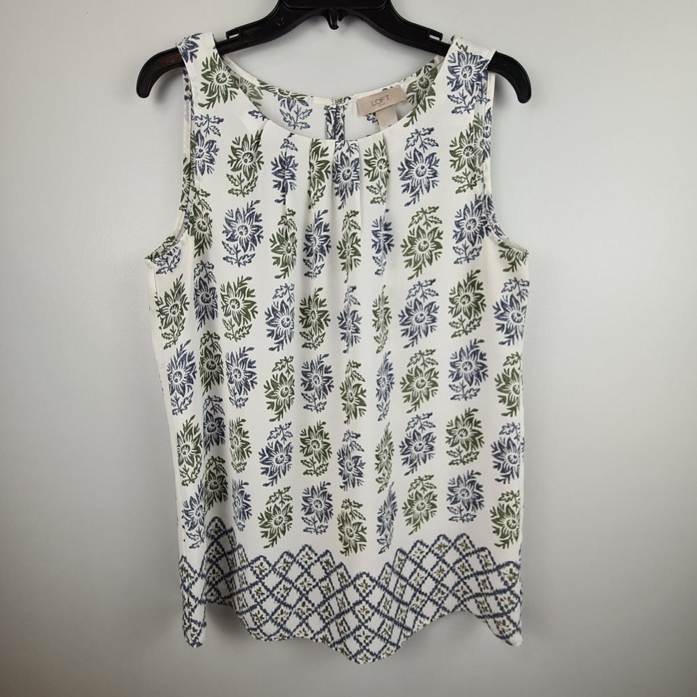 Loft Outlet Womens Medium Sleeveless Floral Block Print Pleated Blouse White